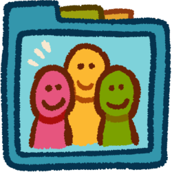 three smiling people. one is pink, one is yellow, and one is green. They're inside a teal folder that has green and orange folder tabs behind it.